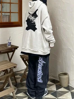 QWEEK Kore Moda Mavi Kot Kadın Grunge Hippi Baskı Baggy Siyah Denim Pantolon Boy Streetwear Hip Hop Düz Pantolon 4