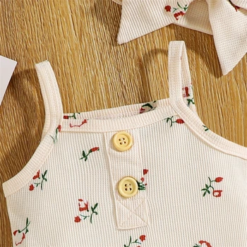 Yenidoğan Bebek Kız Giysileri Set Yaz Çiçek Baskı Waffle Sling Romper Şort 2 Adet Takım Elbise Bebekler için Pamuk çocuk giyim
