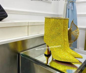 Kış Kadın Seksi şarap bardağı Topuk Parlak Çizmeler Elmas Kakma Tasarım Kadife Asil Deri Ayak Bileği Buzağı Patik moda ayakkabı Üzerinde Kayma 5