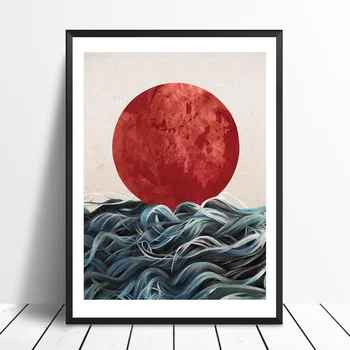 Soyut Japon Sunrise Posterler ve Baskılar duvar sanatı tuval yağlıboya Resimleri Için Oturma Odası İskandinav Deniz Manzarası Ev Dekor