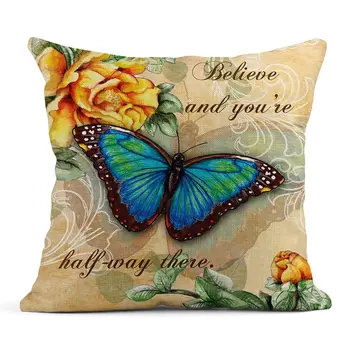 Retro kelebek ve çiçek desen keten yastık kılıfı, oturma odası kanepe minder örtüsü, ev dekorasyon, şık ev yastık kılıfı 0