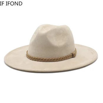 Amerikan Tarzı Kadın Erkek Süet Vintage Fötr fötr şapka 8.5 cm Geniş Ağız Batı kovboy şapkası Kış Caz Kapaklar