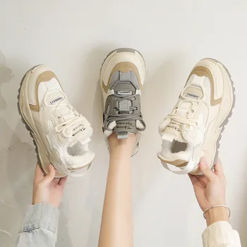 Kadın Ayakkabı Kış Moda Rahat Lace Up Düz spor ayakkabılar Peluş Sıcak Tutmak Platformu Sneakers Bayanlar Baba Ayakkabı Zapatillas Mujer