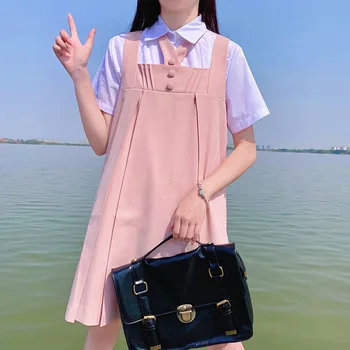 Kadınlar Uzun Pilili Önlük Elbise Yaz Pembe Japon Öğrenciler Kız JK Elbise Okul Bayan Sonbahar Kolsuz Üniforma