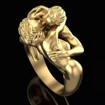 Moda Yaratıcı Adem ve Havva Çift Sarılma Aşk Öpücük Yıldönümü Nişan Yüzüğü Romantik Çift düğün takısı