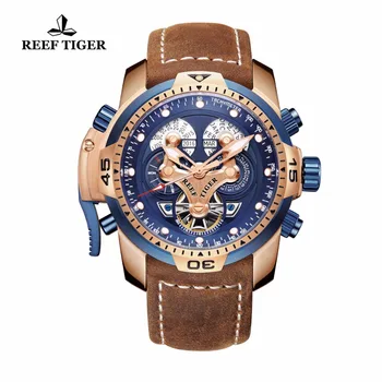 Resif Kaplan / RT Üst Marka erkek spor saat Takvim ile Mavi Kadran Kahverengi Deri kayışlı saatler RGA3503 0