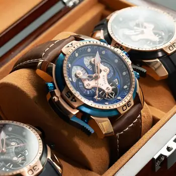 Resif Kaplan / RT Üst Marka erkek spor saat Takvim ile Mavi Kadran Kahverengi Deri kayışlı saatler RGA3503 1