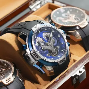 Resif Kaplan / RT Üst Marka erkek spor saat Takvim ile Mavi Kadran Kahverengi Deri kayışlı saatler RGA3503 2