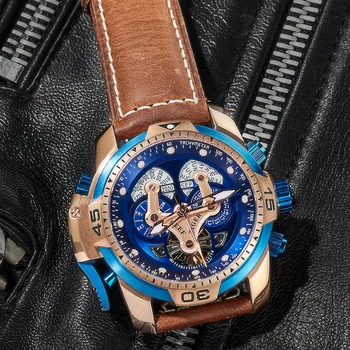 Resif Kaplan / RT Üst Marka erkek spor saat Takvim ile Mavi Kadran Kahverengi Deri kayışlı saatler RGA3503 4