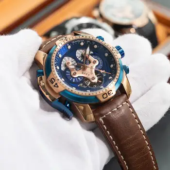 Resif Kaplan / RT Üst Marka erkek spor saat Takvim ile Mavi Kadran Kahverengi Deri kayışlı saatler RGA3503 5