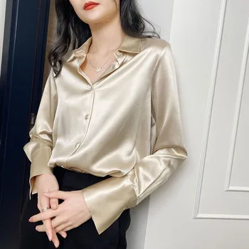 Moda Yaka Düğmesi Düz Renk Tüm Maç Saten Gömlek kadın giyim 2022 Sonbahar Yeni Casual Tops Gevşek Ofis Bayan Bluz