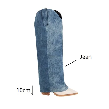 Şık Denim Jean Pantolon Desen Diz Yüksek Çizmeler Kadınlar için Kış Mavi Yarık Kesim Uzun binici çizmeleri Bayanlar Büyük Boy 43 Ayakkabı Bota