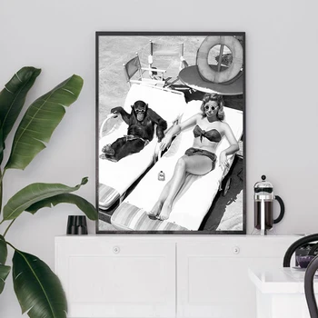 Kadın ve Şempanze Baskı Siyah Beyaz Fotoğraf Posteri Modern Minimalist Duvar Sanatı Resimleri Tuval Boyama Ev Odası Dekor