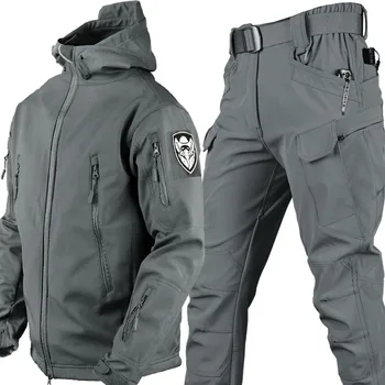 Sonbahar Kış Su Geçirmez Taktik Setleri Açık Askeri Yumuşak Kabuk Yürüyüş avcı ceketi Takım Elbise Kapşonlu Polar Sıcak Eşofman Seti 0