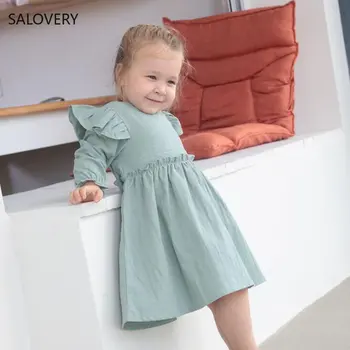 Yeni Bahar Sonbahar Çocuk Giysileri Kız Çocuklar için Bebek Kız Sinek Kollu Prenses Elbiseler Uzun Kollu Saf Renk Elbise 1-5Yrs