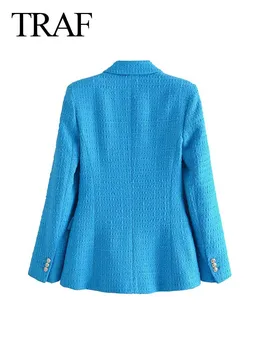 TRAF 2022 Moda Bayan Blazer Dokulu Vintage Katı Renk Basit Ceket Kruvaze Takım Elbise Ceket Rahat Kadın Commute Üst