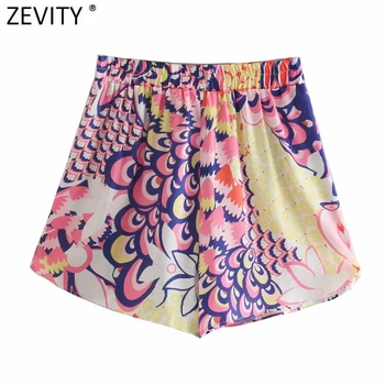 Zevity Yeni Kadın Vintage Kontrast Renk Patchwork Baskı Yaz Sıcak Etekler Şort Femme Şık Elastik Bel Pantalone Cortos P1143