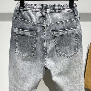 Erkek Yırtık Kot Gri Streç Sıkıntılı Kırık Delik Streetwear Kırpılmış Pantolon Denim Kot Elastik Bel ve Baggy Bacak Hip Hop