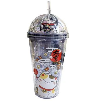 Yaratıcı Şanslı Kedi Su Şişesi Saman İle Japon Pembe Sevimli Buz Kupası Çocuklar Kızlar İçin Çift duvar İçme Bardağı hediyeler için