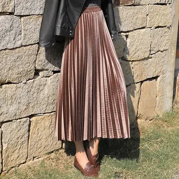 2019 yeni Moda Sonbahar Kış Pilili Etek Bayan Vintage Yüksek Bel Etek Katı Uzun Etekler Yeni Moda Metalik Etek Kadın