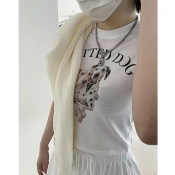 Karrram Kore Moda Kırpma Üstleri Benekli Köpek Baskılı kısa kollu tişört Kawaii Yaz Streetwear Seksi İnce Beyaz Tişörtleri Kadın