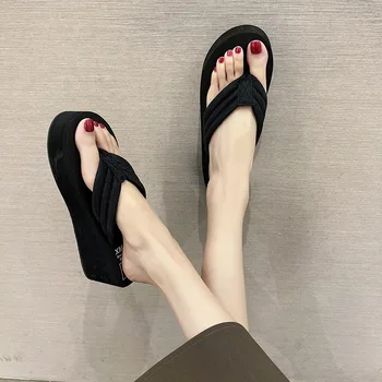 Kız Flip Flop Artan 5.5 cm Eğim Kalın Kabuk Kadın Minimalist Resort plaj sandaletleri Kadın Leopar Topuklu ev terliği 4