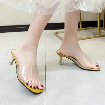 Yaz Yüksek Topuklu kadın ayakkabısı Moda Şeffaf Yüksek Topuklu Seksi İçi Boş Nefes Terlik Kare Ayak 3