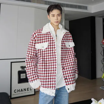 IEFB Geri Dönüşümlü Ekose Kalınlaşmış Ceket Erkekler Kore Moda Yeni Yaka Kontrast Renk Geometrik Doku 2023 Erkek Dış Giyim 9A6139