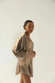 Leke İpek İç Çamaşırı Tüy Elbise Gelin Katı Bej Elbiseler İç Çamaşırı Seksi Boudoir Kimono Lüks kadın giyim Ücretsiz Kargo İle
