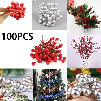 100 Adet 15mm Yapay Kırmızı Holly Berry Noel ağaç dekor Tel Paket Çelenk Çelenk Sahte Meyve Dekor Düğün Parti Dekor