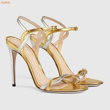 Kadınlar Altın Gümüş Çapraz Bağlı Stiletto topuklu sandalet Bir Kelime Kemer Yuvarlak Ayak Ön Arka Kayış İçi Boş ayakkabı Yaz Büyük Boy 43 0