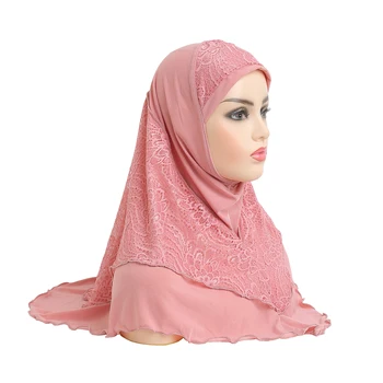 H126 yüksek kaliteli orta boy 70*60 cm müslüman amira başörtüsü dantel çekme islam eşarp başkanı wrap dua eşarp kadın şapkalar