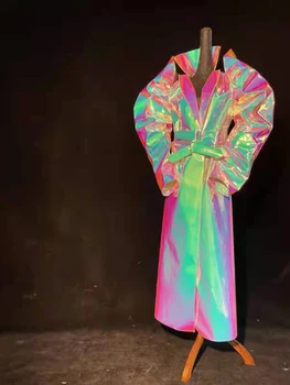 Yansıtıcı Rave dj lady gaga gösterisi müzik Festivali şarkıcı Aydınlık kumaş Lazer Renk Deri Tasarım trençkot