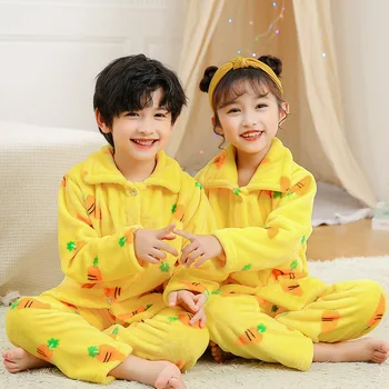 Yeni 2020 Çocuk Erkek Kız Sonbahar Kış Pazen Sıcak Pijama Setleri Karikatür Baskı Yaka Üstleri Pantolon Uyku giyim setleri