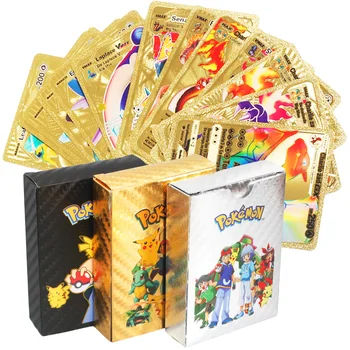 Fransızca / İspanyolca / İngilizce Pokemon Altın kart oyunu Koleksiyonu Metal GX Kartı PİKACHU Charizard Altın V Vmax Pet Sprite Kartı