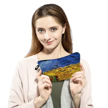 Makyaj Çantası Van Gogh Yıldızlı Gece ayçiçek yağı Boyama Sevimli Organizatör Çanta Seyahat Çantaları Çantası kadın Kozmetik Çantası Kız