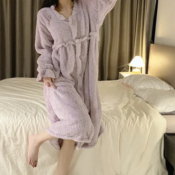 Kadın Uyku Elbise Sıcak Pazen Pijama Sonbahar Kış Kalın Mercan Kadife Nightgowns Robe Uzun Kollu Pijama Kadın Gecelik