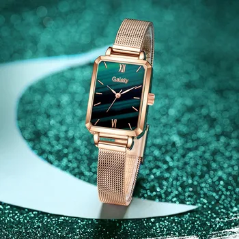 Yeni Marka Kadın Saatler Moda Kare Bayanlar quartz saat Bilezik Seti Yeşil Kadran Basit Gül Altın Örgü Lüks Kadın Saatler