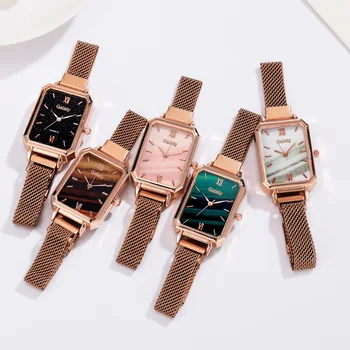 Yeni Marka Kadın Saatler Moda Kare Bayanlar quartz saat Bilezik Seti Yeşil Kadran Basit Gül Altın Örgü Lüks Kadın Saatler 1
