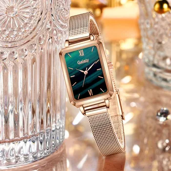 Yeni Marka Kadın Saatler Moda Kare Bayanlar quartz saat Bilezik Seti Yeşil Kadran Basit Gül Altın Örgü Lüks Kadın Saatler 2