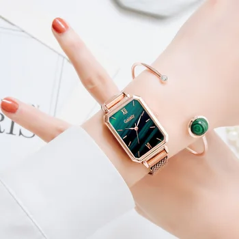 Yeni Marka Kadın Saatler Moda Kare Bayanlar quartz saat Bilezik Seti Yeşil Kadran Basit Gül Altın Örgü Lüks Kadın Saatler 3