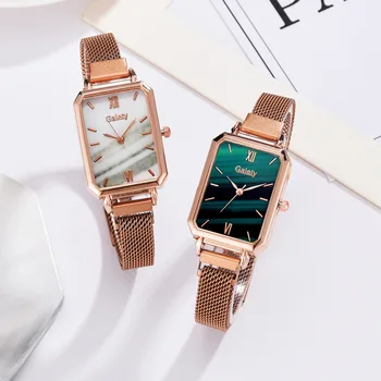 Yeni Marka Kadın Saatler Moda Kare Bayanlar quartz saat Bilezik Seti Yeşil Kadran Basit Gül Altın Örgü Lüks Kadın Saatler 4