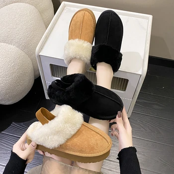 Kış Peluş Pamuklu Kadın Terlik Moda düz ayakkabı 2022 Kalın Tabanlı Eğlence Ev Süet Deri Sıcak Omuz Askısı Terlik 1