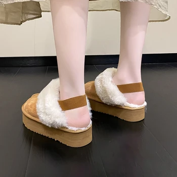 Kış Peluş Pamuklu Kadın Terlik Moda düz ayakkabı 2022 Kalın Tabanlı Eğlence Ev Süet Deri Sıcak Omuz Askısı Terlik 5