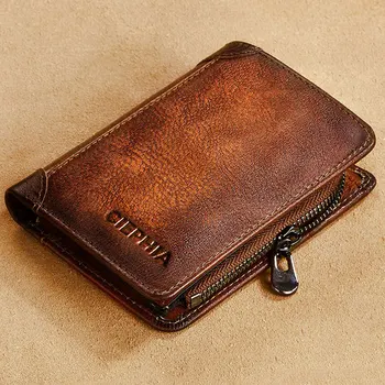 Hakiki Deri Cüzdan Erkekler için Vintage Kısa Çok Fonksiyonlu İş Çanta RFID Engelleme Fermuar KİMLİK Kredi kart tutucu Para Çantası