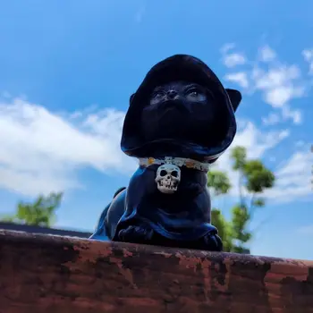 Reaper Kitty Sihirli Siyah Kedi Pelerin Kafatası Kolye Reçine El Sanatları Cadılar Bayramı Dekorasyon Reaper Süs Hayvan Heykeli Ev Dekor