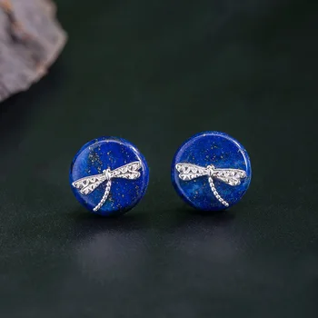 925 Ayar Gümüş Lapis Lazuli kadın için top küpe Retro Etnik Tarzı Yusufçuk Küçük Yuvarlak Küpe Takı Kızlar için EH129