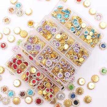 100 adet Mix Boyutu Çiçek Dantel Kumaş Taşlar Altın Taban Glitter Kristaller Strass Boncuk Rhinestones dikmek Giysi Konfeksiyon Taşlar