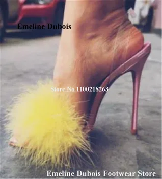 Sarı Kürk Patchwork Pembe Sandalet Emeline Dubois Güzel Tüy Dekore Stiletto Topuk PVC Sapanlar Elbise Topuklu Düğün Topuklu 0