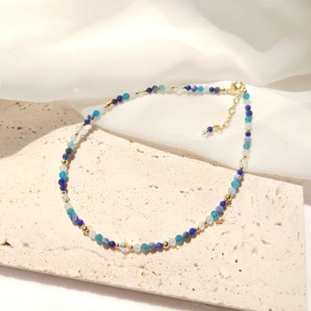 Lii Ji Apatit Akuamarin Sodalite Lapis Lazuli 14K Altın Dolgulu Boncuklu Halhal 26 + 3cm Kristal El Yapımı Takı Kadınlar İçin Hediye